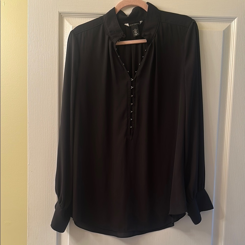 White House Black Market Black Blouse with Cuffed Sleeves and Mandarin Collar